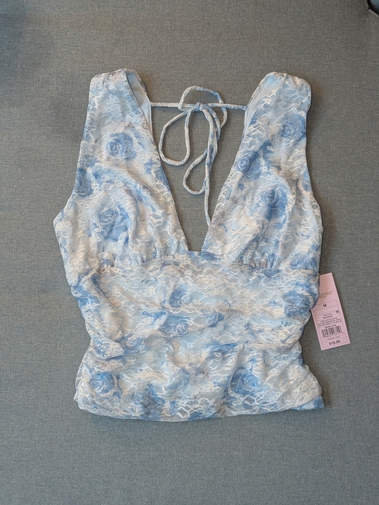 wild fable Tops - wild fable White and Light Blue Lace Floral Tie-Back Tank